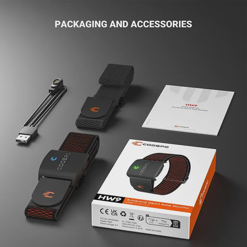 COOSPO HW9 HRM Sensor Armband Heart Rate Monitor with HR Zones/Calories for Fitness Running BLE5.0 ANT+ for Peloton,Zwift,Wahoo