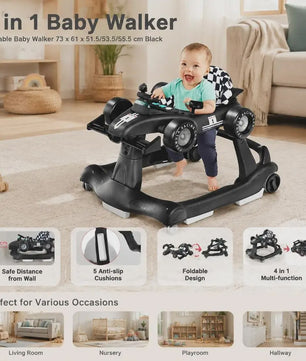 4-in-1 Baby Walker Raceauto - Verstelbaar, Opvouwbaar & Veilig