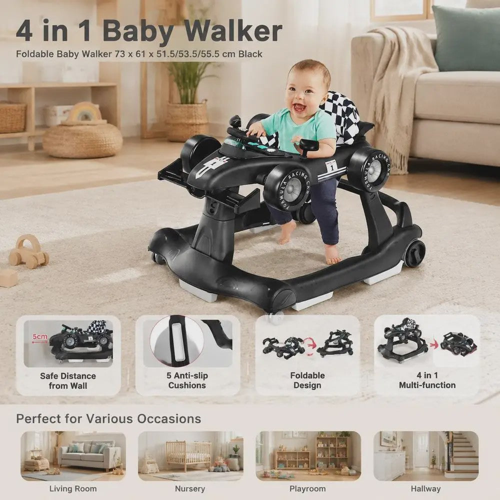 4-in-1 Baby Walker Raceauto - Verstelbaar, Opvouwbaar & Veilig