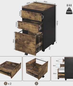 Mobiel Archiefkastje met 3 Lades en Wielen - Kantoor Organizer 40x70x40cm