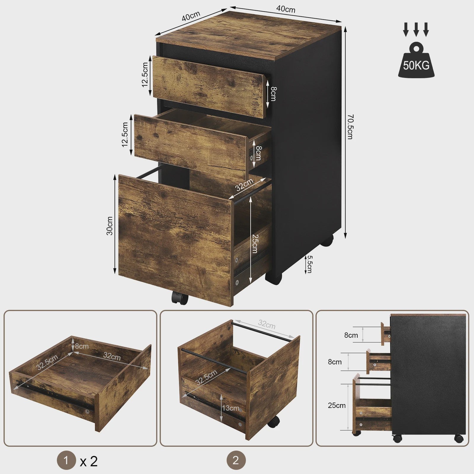 Mobiel Archiefkastje met 3 Lades en Wielen - Kantoor Organizer 40x70x40cm