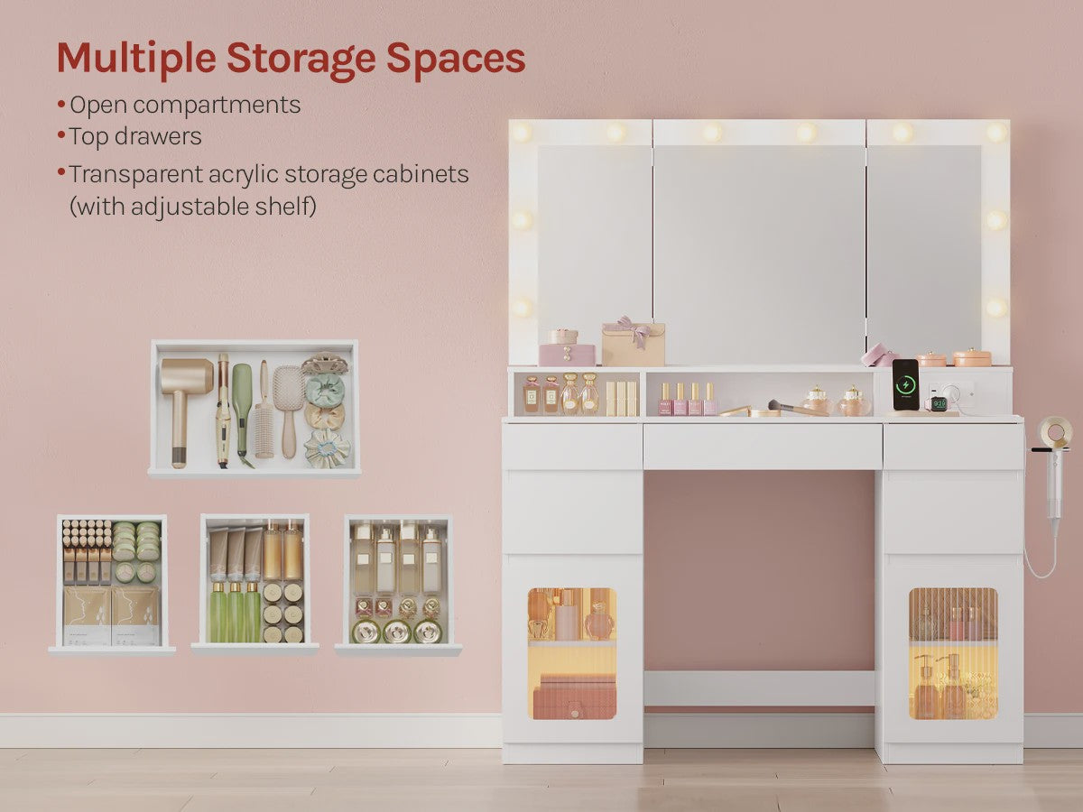 WOLTU Kaptafel met 3-delige spiegel, 10 LED-lampjes en laadstation - Ideaal voor de slaapkamer