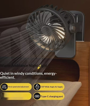 Draagbare Oplaadbare Clip Ventilator met Nachtlampje - 720° Draaibaar & Stille Werking