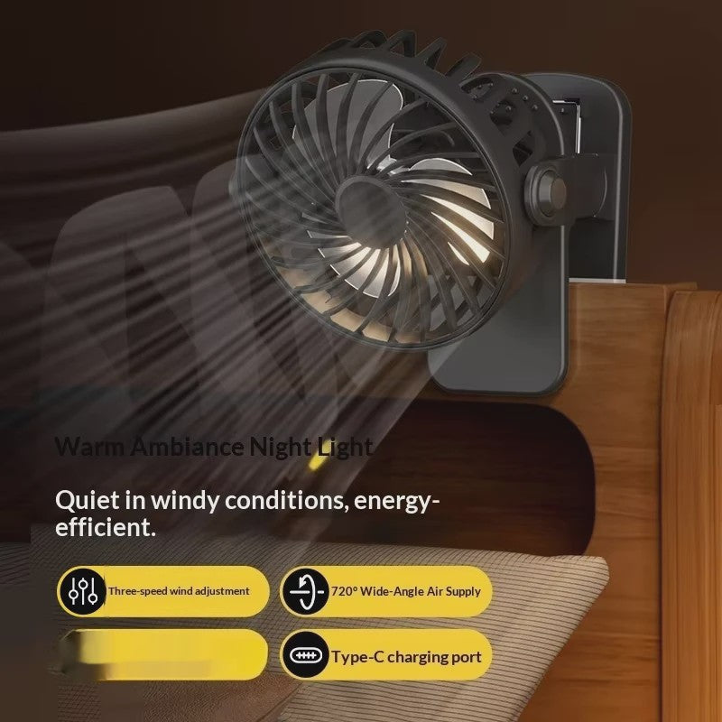 Draagbare Oplaadbare Clip Ventilator met Nachtlampje - 720° Draaibaar & Stille Werking