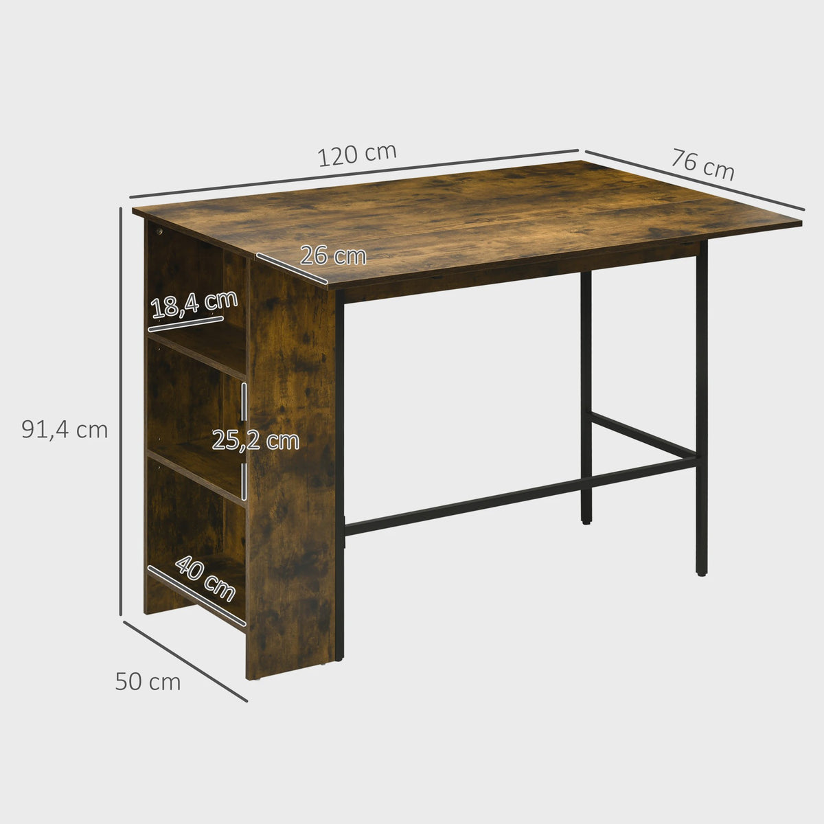 Bartafel met uitklapbaar blad en 3 open vakken - Rustiek bruin - 120x76x91.4 cm