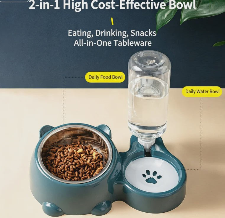 Dubbele Voer- en Waterbak voor Katten en Honden met Automatische Waterdispenser - Anti-slip & No-Spill