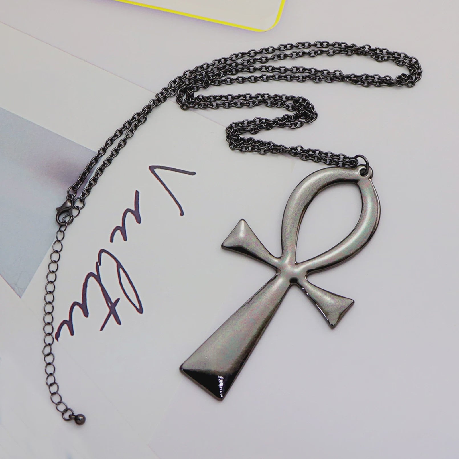 Vintage Egyptische Ankh Kruis Ketting - Grote Hanger met Lange Ketting