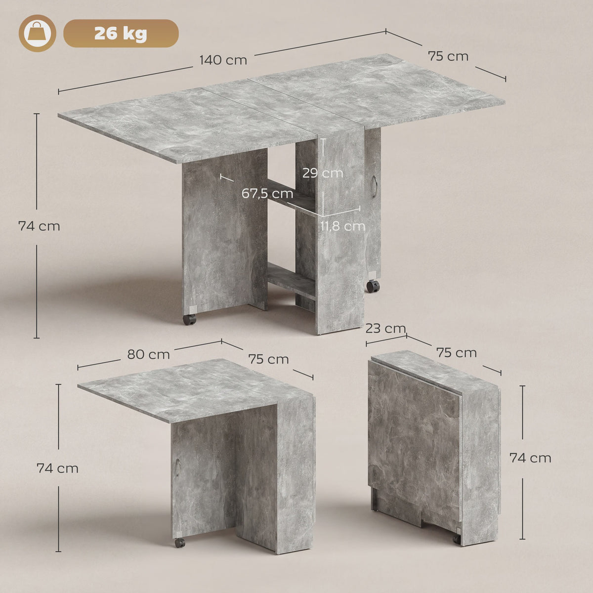 HOMCOM Multifunctionele Klaptafel - Eetkamertafel op Wielen met 2 Opbergvakken - 140x75x74 cm
