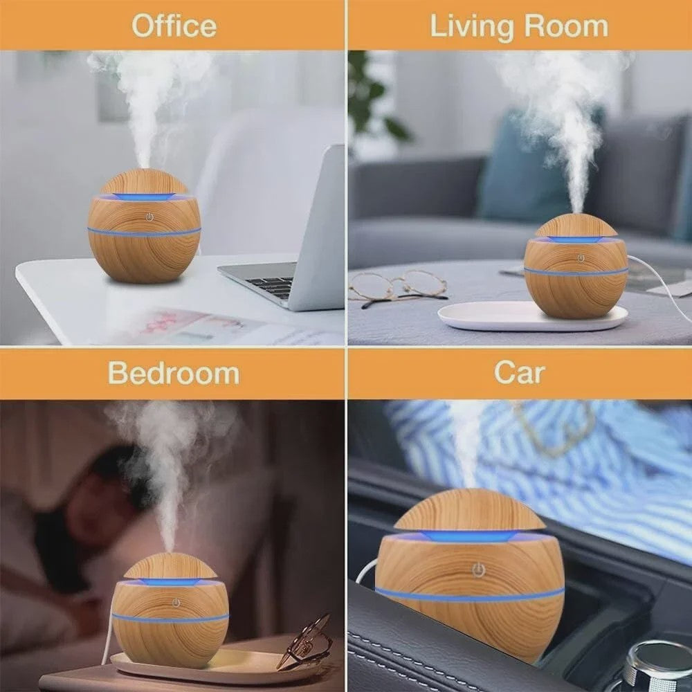 Mini USB Luchtbevochtiger & Aroma Diffuser met Houtnerf Design