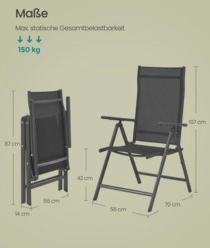 Set van 2 inklapbare tuinstoelen met aluminium frame, 8-voudig verstelbare rugleuning en 150 kg belastbaarheid