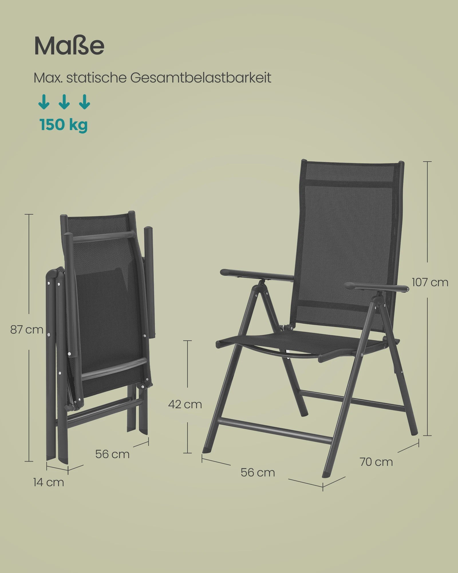 Set van 2 inklapbare tuinstoelen met aluminium frame, 8-voudig verstelbare rugleuning en 150 kg belastbaarheid