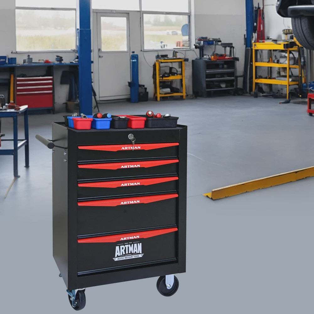 Mobiele Gereedschapswagen met 5 Lades - Zwart/Rood