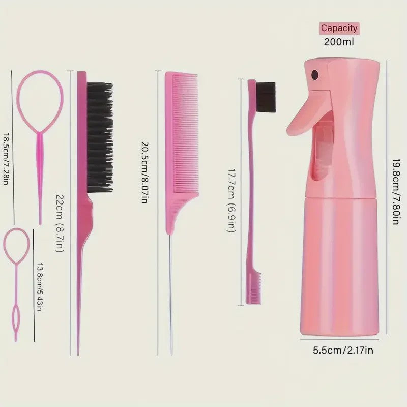 6-delige Haarstyling Set: Borstels, Kammen en Sprayfles voor Professionele Looks