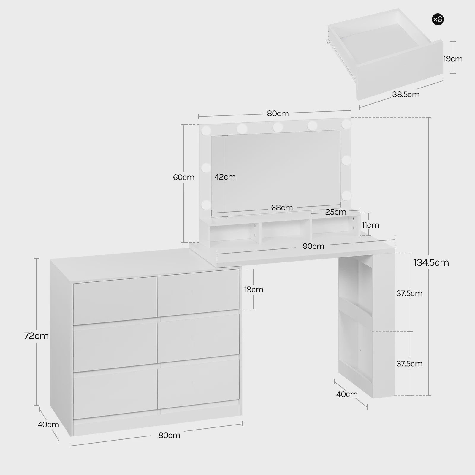 Moderne Kaptafel met LED Spiegel en 7 Lades - Flexibel te Monteren - Make-up Tafel met Ladekast