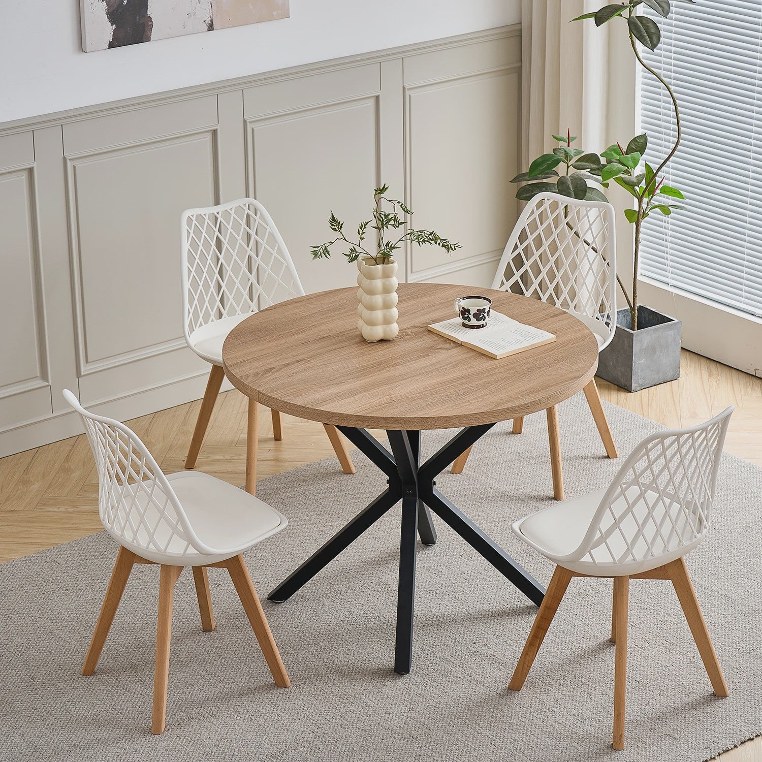 Moderne Eetkamerstoelen Set (4/6 stuks) - Mesh Rug, Houten Poten & Gestoffeerde Zitting