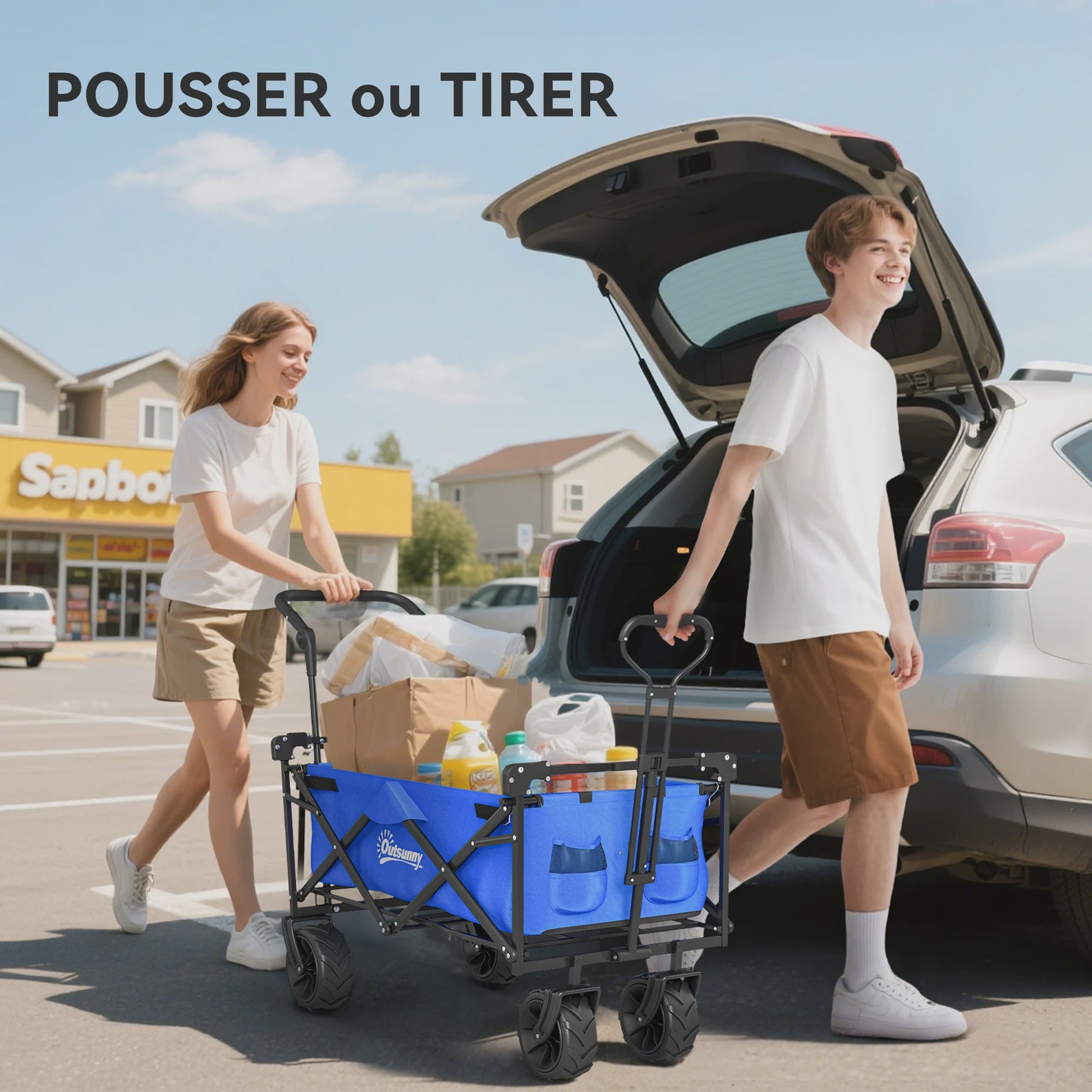 Stevige Klapbare Campingwagen met Zonnedak en Grote Wielen - Ideaal voor Buitenactiviteiten