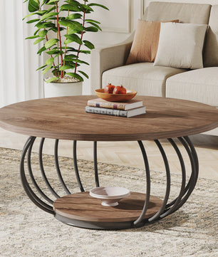 Industriële Ronde Salontafel met 2 Niveaus - 100cm - Houtlook & Metaal