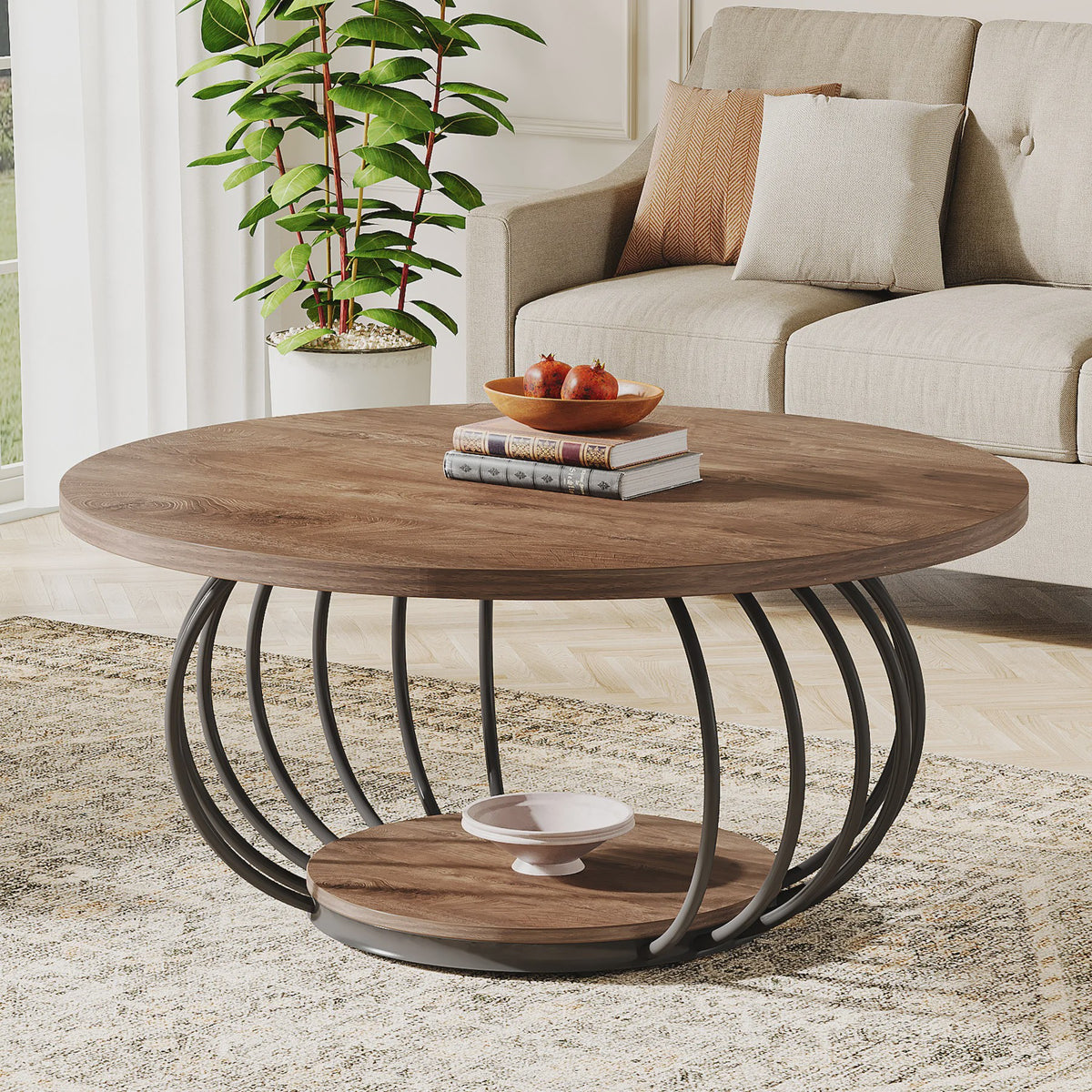 Industriële Ronde Salontafel met 2 Niveaus - 100cm - Houtlook & Metaal