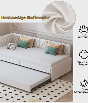 Velours Slaapbank Beige 90x200cm met Uitschuifbaar Ondermatras