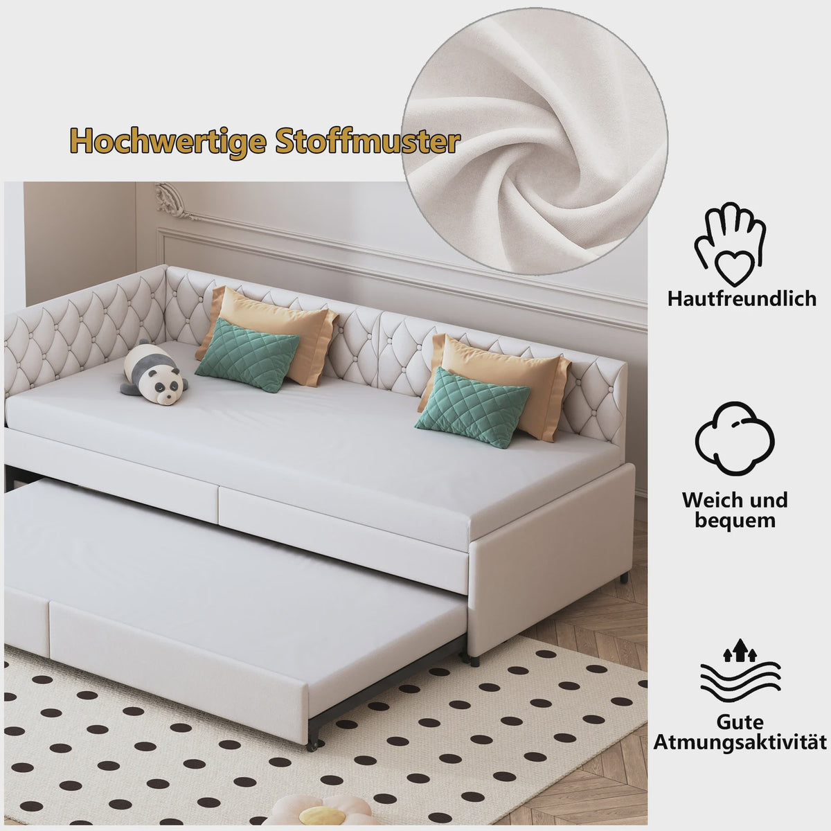 Velours Slaapbank Beige 90x200cm met Uitschuifbaar Ondermatras