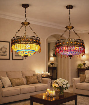 Handgemaakte Turkse Mozaïek Hanglamp - Vintage Marokkaanse Kroonluchter met Kleurrijk Glas