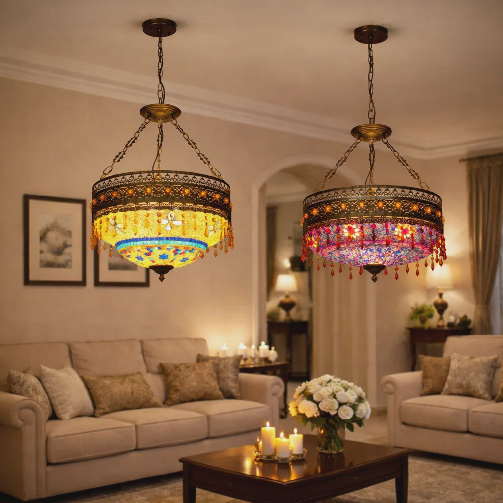 Handgemaakte Turkse Mozaïek Hanglamp - Vintage Marokkaanse Kroonluchter met Kleurrijk Glas