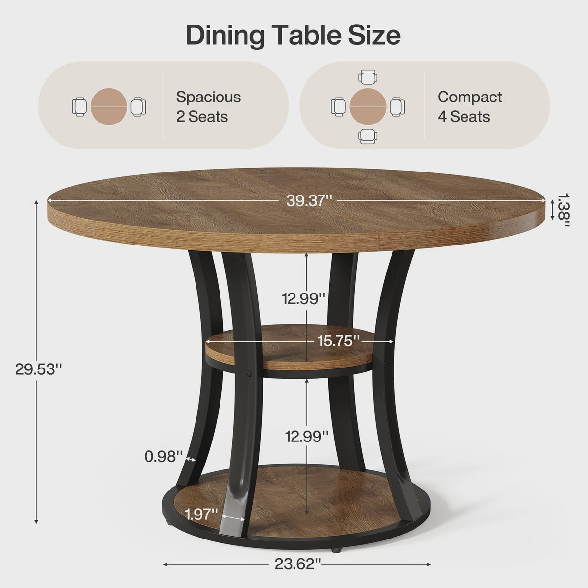 Ronde Eettafel 4 Personen met 2-Laags Opslag - Landelijke Stijl, Ruimtebesparend