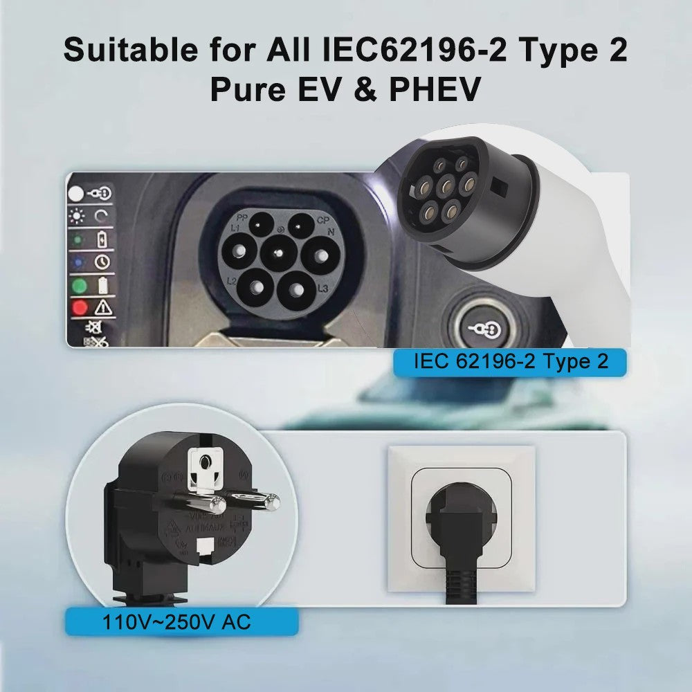 Draagbare EV Charger 16A Type 2 met Schuko Stekker - Laadkabel voor Elektrische Auto's