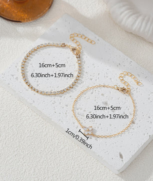 Set van 2 Dames Armbanden met Zirkonia Bloemen en Waterketting - Stijlvol voor Dagelijks Gebruik en Kantoor