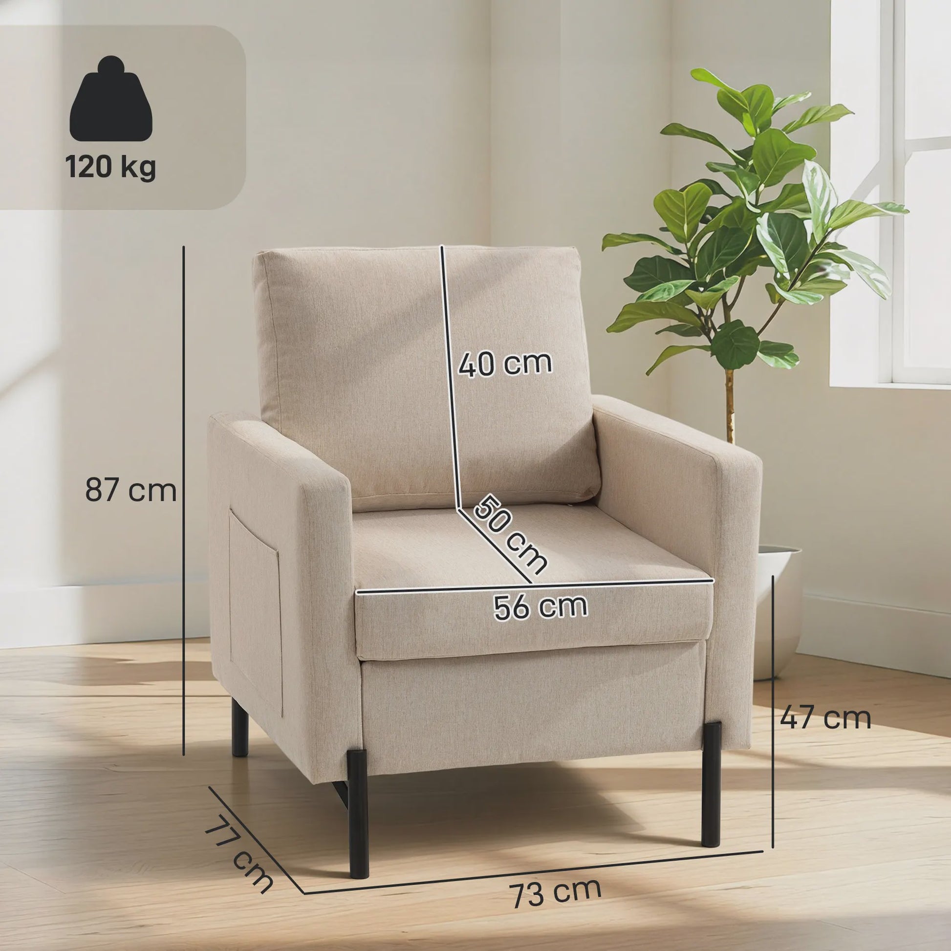 Comfortabele Beige Fauteuil met Armleuningen en Stalen Poten - Stijlvol en Duurzaam