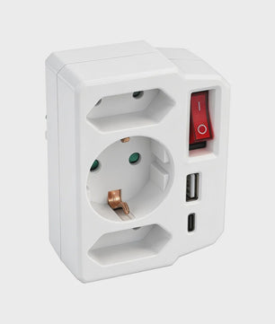 Universele Wandcontactdoos Adapter met Schakelaar, 2x USB-A, 1x USB-C & 3x Schuko Stopcontact