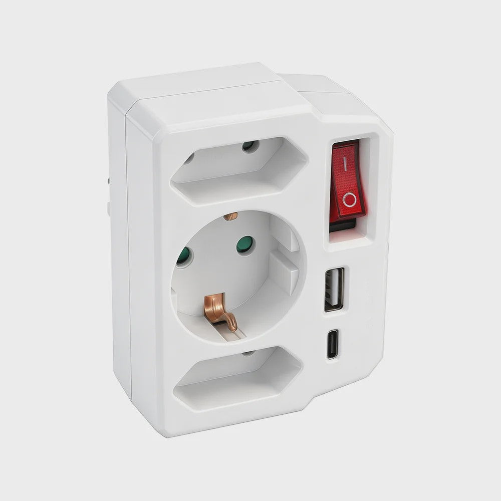 Universele Wandcontactdoos Adapter met Schakelaar, 2x USB-A, 1x USB-C & 3x Schuko Stopcontact