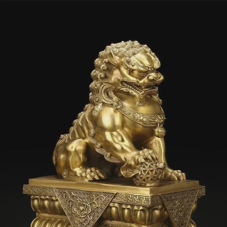 Set van 2 Koperen Feng Shui Leeuw Beeldjes - Symbool van Bescherming en Welvaart