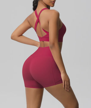Dames Yoga Set: Sportieve Kleding met Hoge Taille Shorts en Sportbeha met Zakken