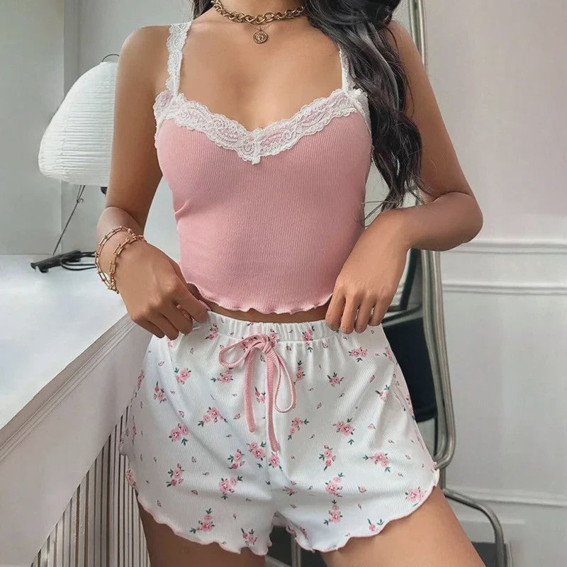 Dames Pyjama Set: Kanten Camisole Top met Shorts - Comfortabel Loungewear