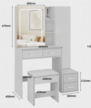 Dressing Tafel met LED Spiegel, 4 Lades en 1 Deur - Wit, Elegant & Modern