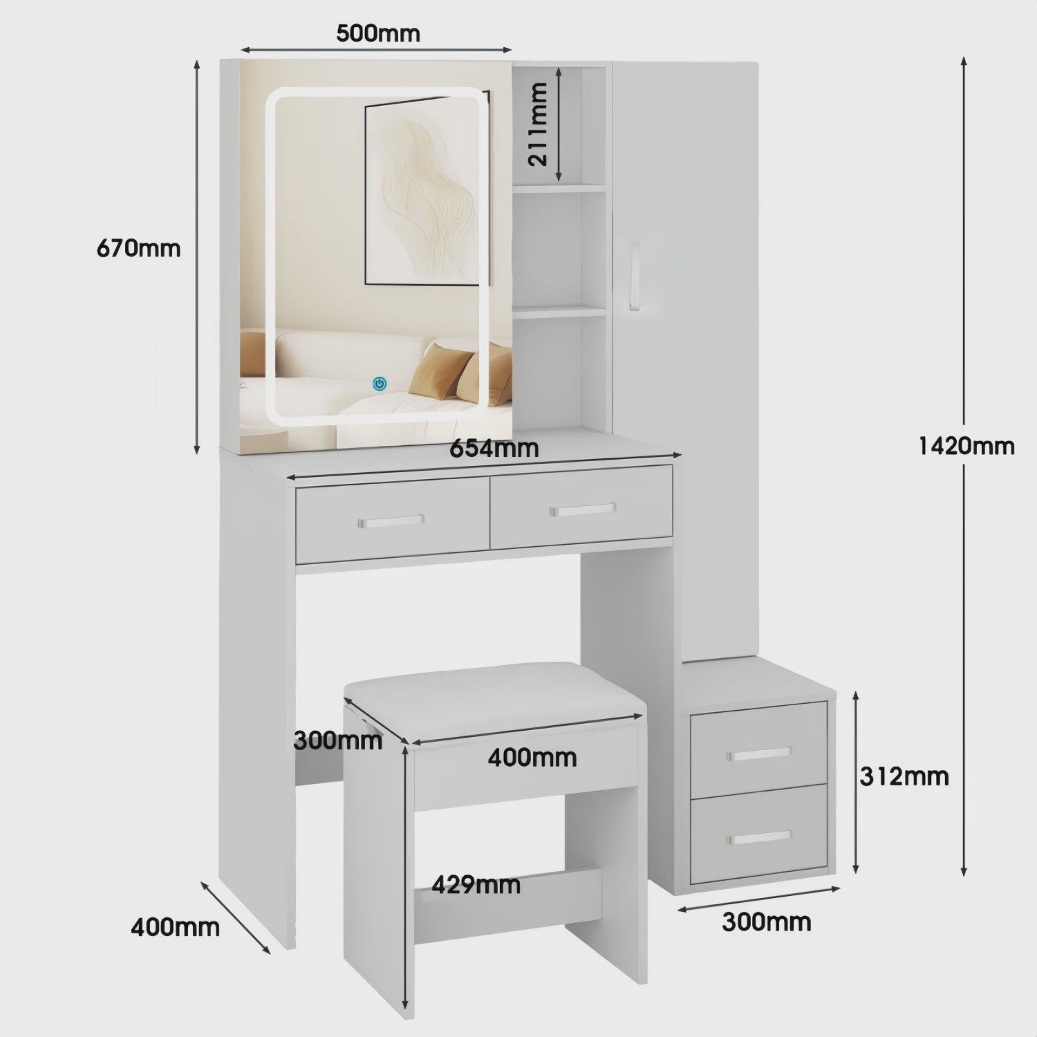 Dressing Tafel met LED Spiegel, 4 Lades en 1 Deur - Wit, Elegant & Modern