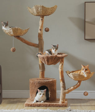 Luxe Kattenboom 150cm met Wicker Manden, Krabpaal & Bloemenplateaus