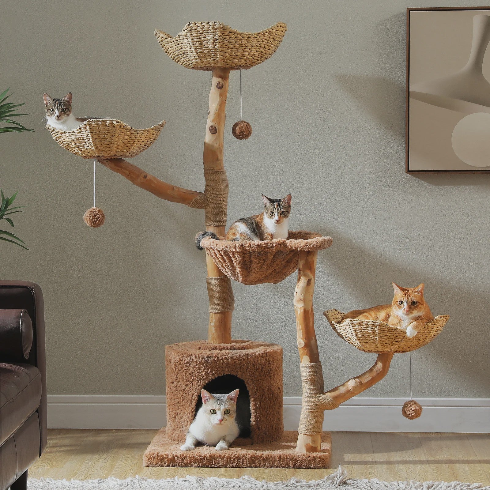 Luxe Kattenboom 150cm met Wicker Manden, Krabpaal & Bloemenplateaus