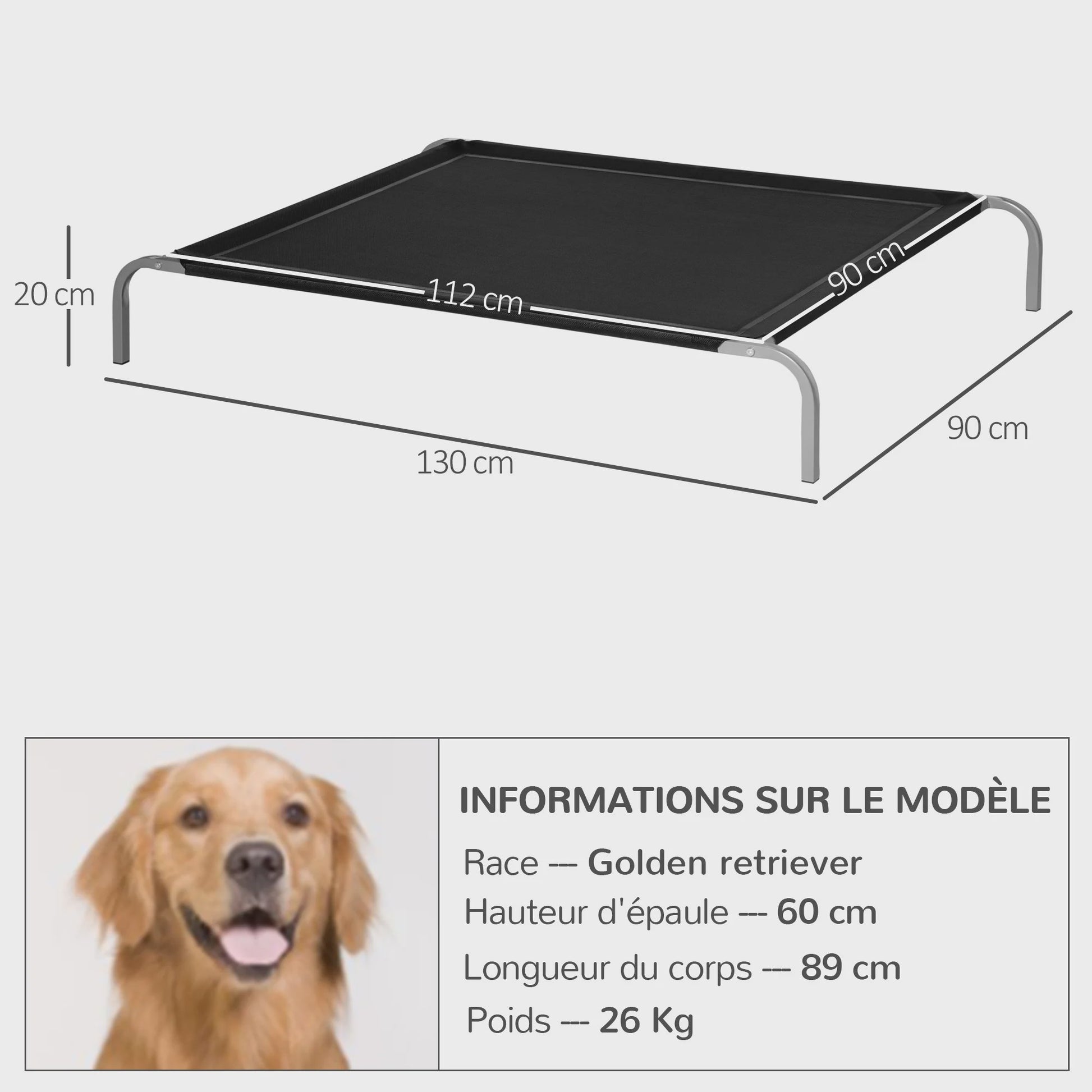 PawHut XXL Verhoogd Honden- en Kattenbed - Comfortabel en Duurzaam - 150x90x20 cm Zwart
