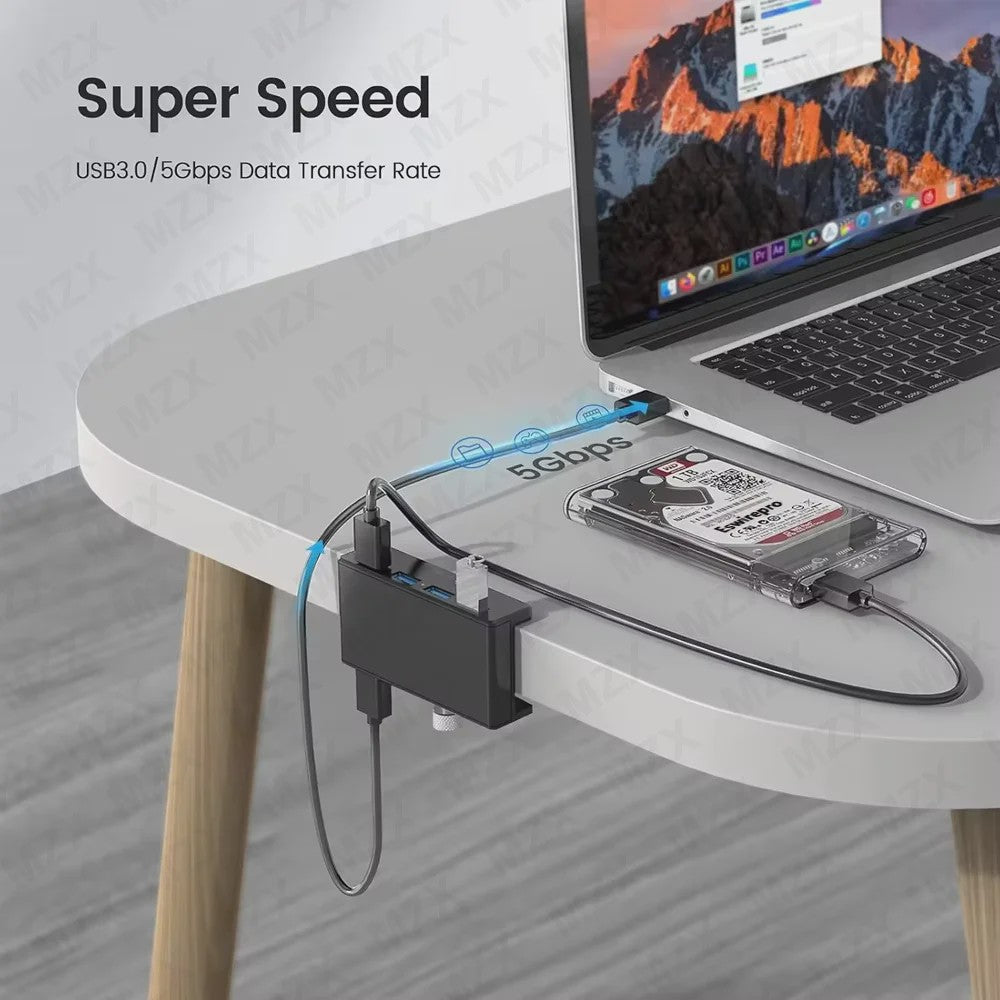 Aluminium USB 3.0/3.2 Hub met Clip: 5Gbps/10Gbps Docking Station voor Monitor & Bureau