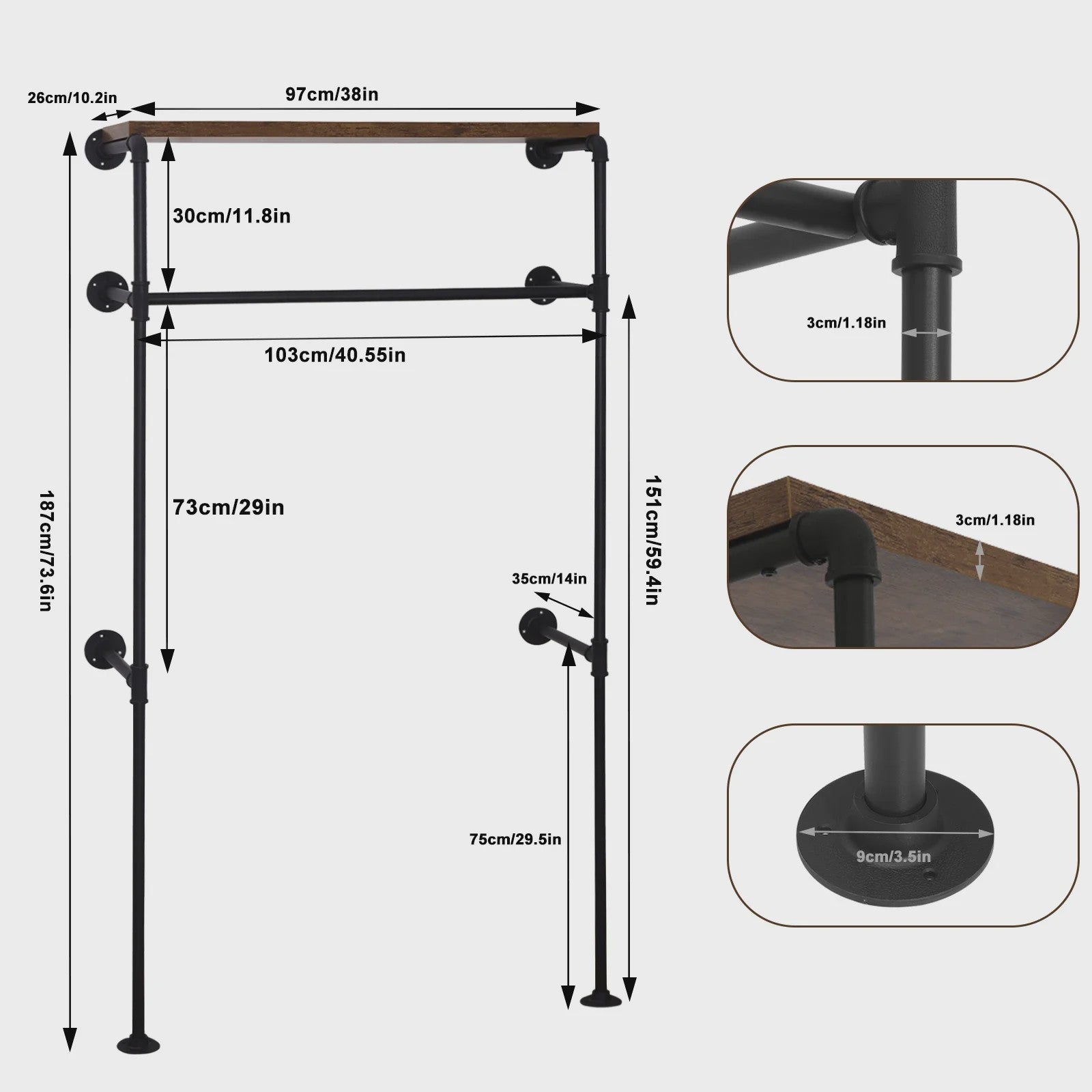 Industriële Kledingrek met Plank - Wandmontage Kledinghanger Staal & MDF