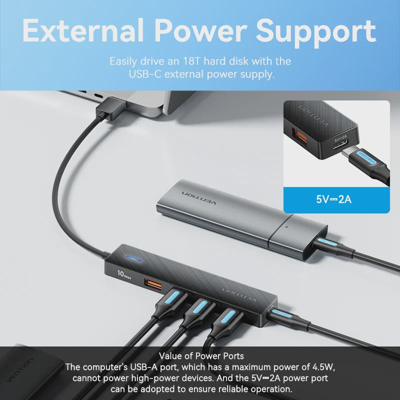 Vention 5-Poorts USB 3.2 Gen2 Hub met 10Gbps Snelheid - USB-A & Type-C Multiport Adapter