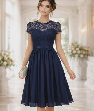 Elegante Zomer Midi Jurk met Korte Mouwen, Kant en A-lijn - Perfect voor Feestjes en Bruiloften