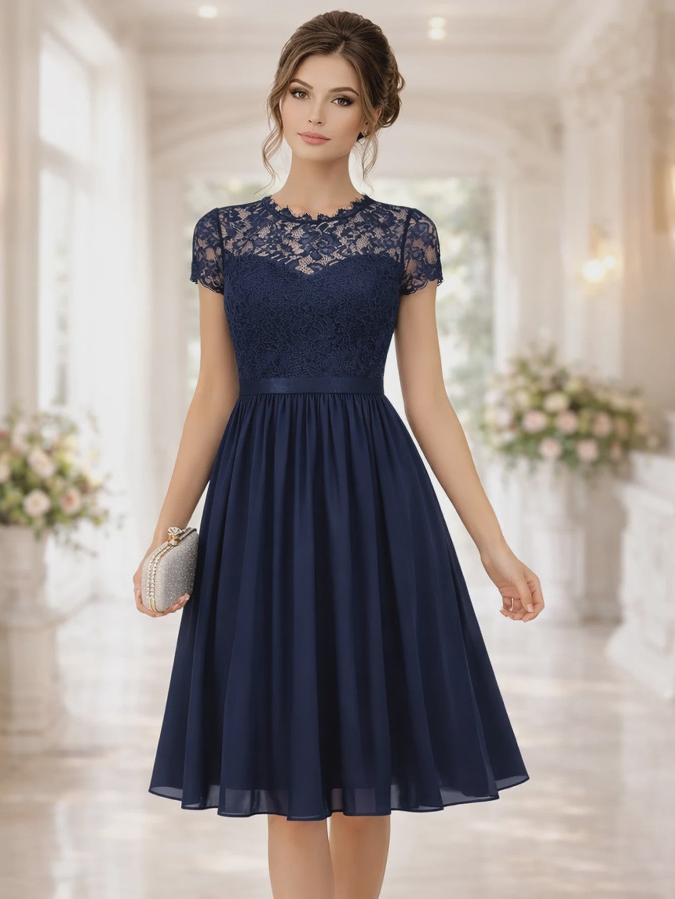 Elegante Zomer Midi Jurk met Korte Mouwen, Kant en A-lijn - Perfect voor Feestjes en Bruiloften
