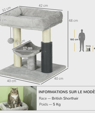 Kleine Kattentoren met Krabpaal en Hangbal - 48 cm Hoog - Grijs