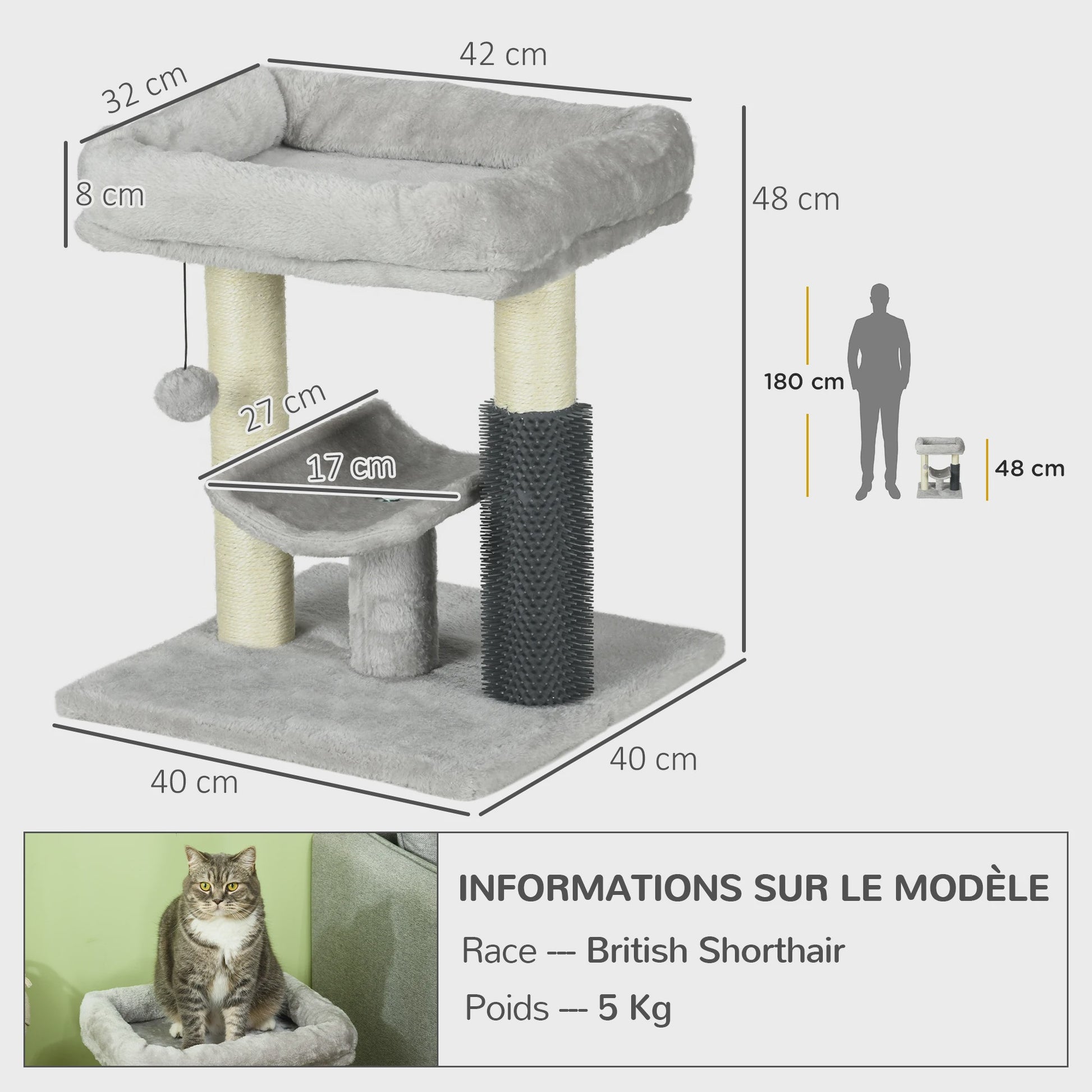 Kleine Kattentoren met Krabpaal en Hangbal - 48 cm Hoog - Grijs