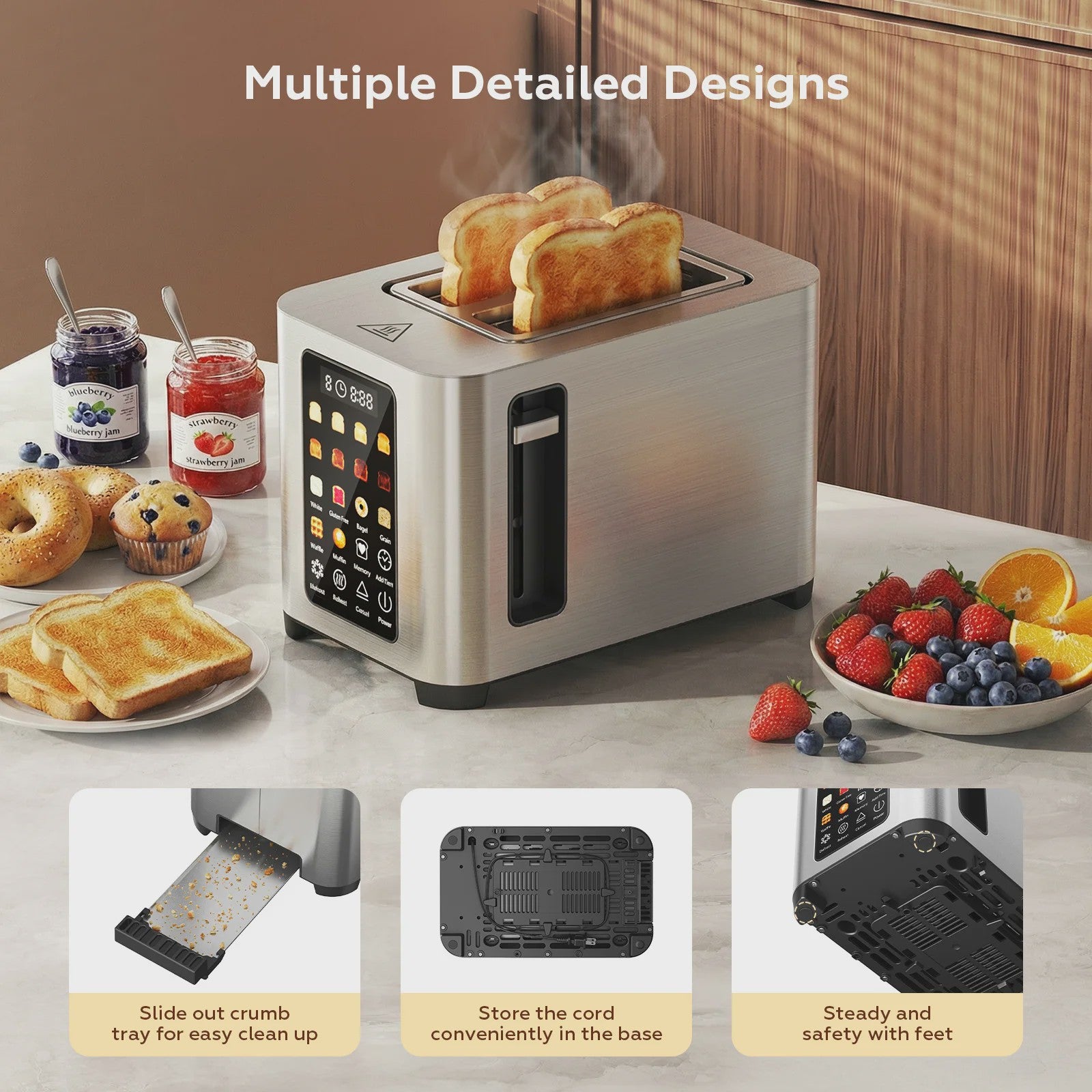 Patbrela Slimme Broodrooster met Broodrek - 2 Slices, Touchscreen & 6 Broodsoorten