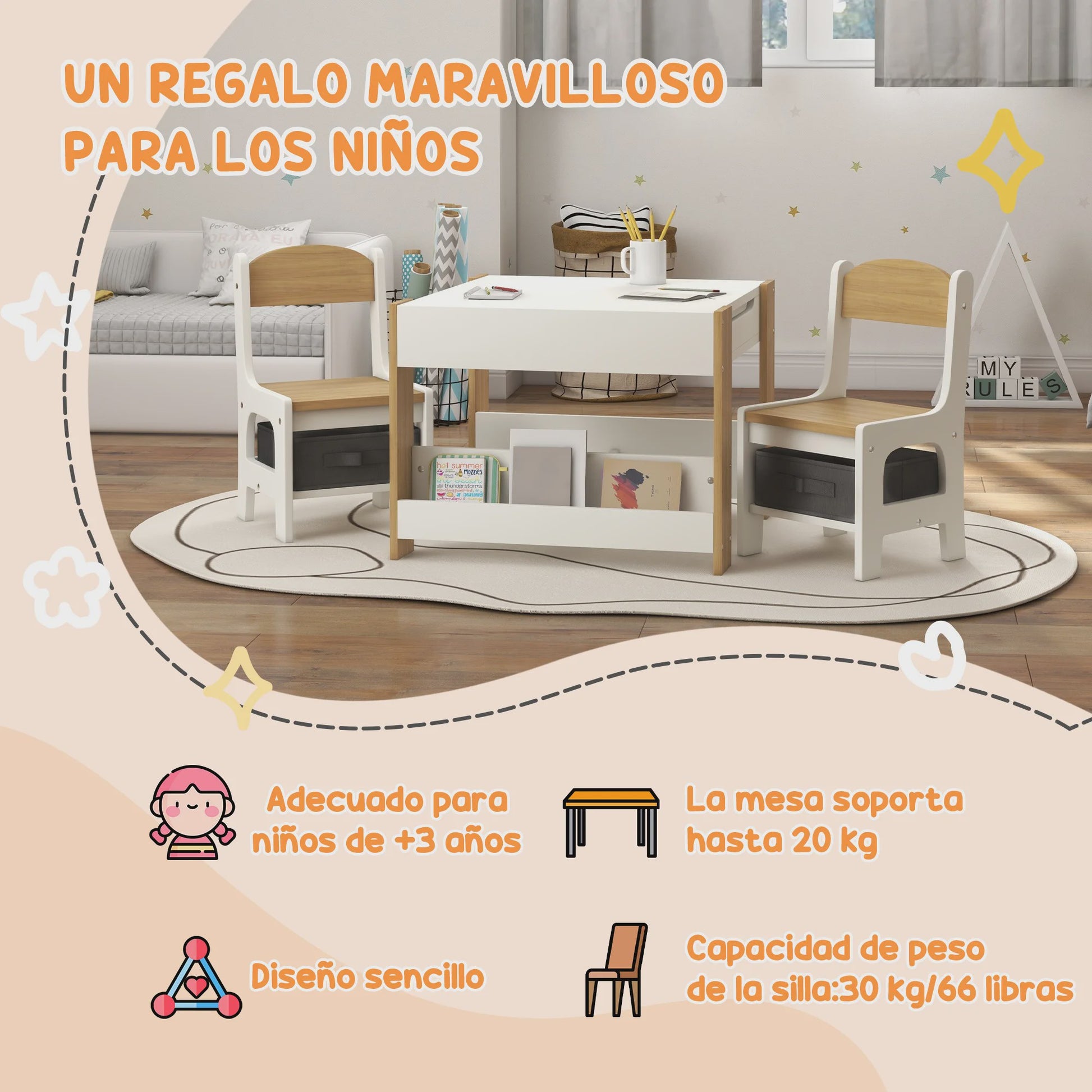 Kindertafel met 2 Stoelen en Whiteboard/Krijtbord - Inclusief Opbergruimte