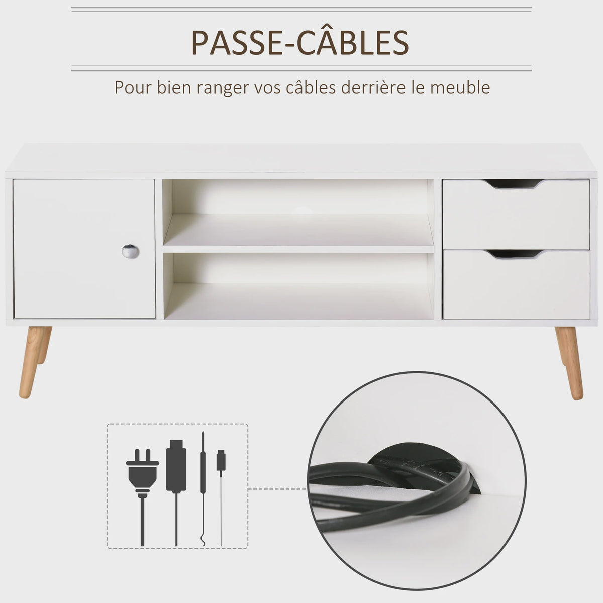 Scandinavisch TV-meubel met Opbergruimte, 2 Nissen en 2 Lades - Wit/Houtkleur